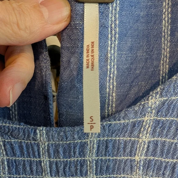 Free People Chambray Striped Dress Pastel Blue Smocked Waist Ruffle - Picture 6 of 7